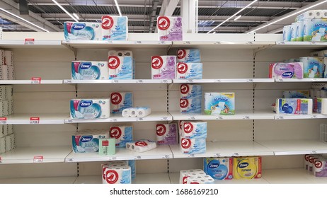 Russia, St. Petersburg 15.03.2020 Half Empty Shelves With Toilet Paper Due To Coronovirus In A Supermarket