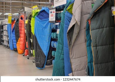 Russia, St. Petersburg, 22,11,2015 Sleeping Bags On Sale In A Sports Shop