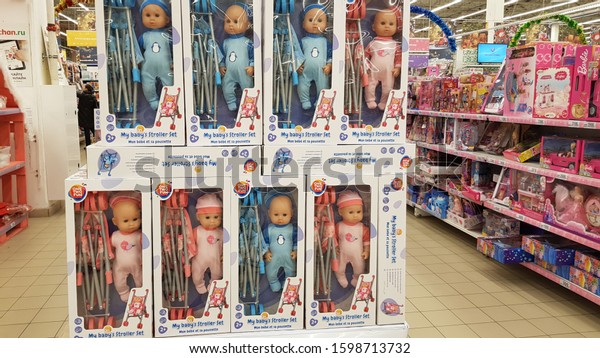 Russia, St. Petersburg 22,11,2019 Dolls in\
packages in the store for goods for\
children