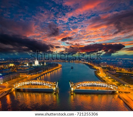 Russia. St. Petersburg from the air. View of the Neva River and Bolsheokhtinsky Bridge. The Bridge of Peter the Great. Okhta in the city of Petersburg.