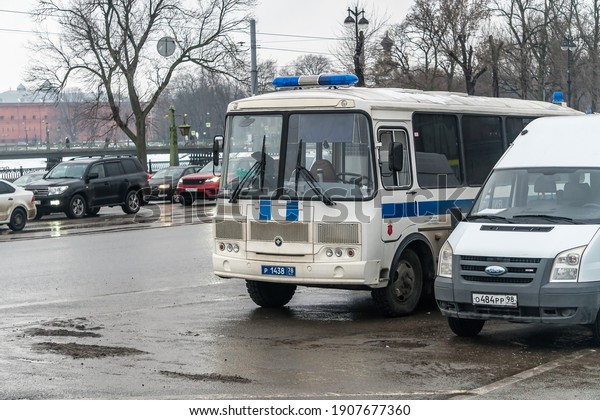 Russia, St. Petersburg, January 2021.\
Police bus with special signals in the city\
center.