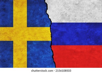 Russia and Sweden painted flags on a wall with a crack. Russia and Sweden conflict. Sweden and Russia flags together