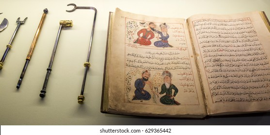 RUSSIA, TATARSTAN, BOLGAR, 26 AUGUST 2015 - Ancient Arabian Medical Handwritten Book And Tools