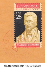 RUSSIA - TOPKI, August 1, 2021: Stamp Printed In USA, Shows Supreme Court: Chief Justice John Marshall, Circa 1990