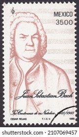 RUSSIA - TOPKI, January 3, 2022: stamp printed in Mexico, shows postage stamp Portrait of Johann Sebastian Bach - German composer, organist, kapellmeister, music teacher, circa 1985
