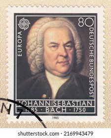 RUSSIA - TOPKI, June 21, 2022: stamp printed in Germany, shows Johann Sebastian Bach (1685-1750) - German composer, organist, kapellmeister, music teacher, circa 1985