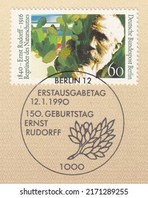 RUSSIA - TOPKI, June 25, 2022: Stamp Printed In Deutsche Bundespost, Shows Ernst Rudorff (1840-1916) - Founder Of Nature Conservation Movement. Postmark Berlin, Circa 1990