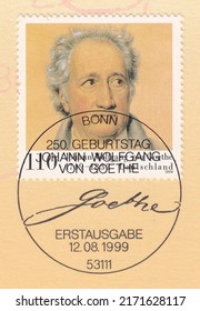 RUSSIA - TOPKI, June 26, 2022: Stamp Printed In Germany, Shows Johann Wolfgang Von Goethe (1749-1832) - German Writer, Thinker, Philosopher. Detail Of Painting By Joseph Stieler, Circa 1999