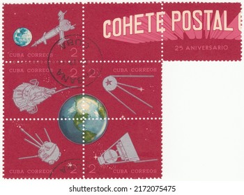 RUSSIA - TOPKI, June 27, 2022: stamp printed in Cuba, shows Earth, rockets and satellites. First post rocket experiment in Cuba, circa 1964