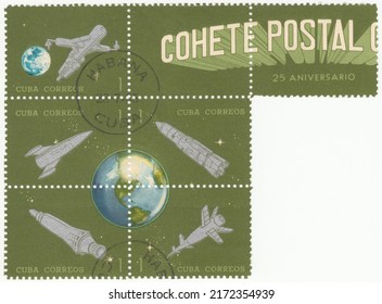 RUSSIA - TOPKI, June 28, 2022: stamp printed in Cuba, shows Earth, rockets and satellites. First post rocket experiment in Cuba, circa 1964
