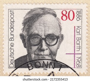 RUSSIA - TOPKI, June 28, 2022: Stamp Printed In Germany, Shows Karl Barth (1886-1968) - Swiss Calvinist Theologian, Circa 1986