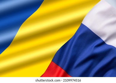 Russia And Ukraine. Flag Of The Two Countries. War Concept.