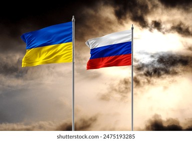 Russia Ukraine flags. war. Political tension.  - Powered by Shutterstock