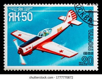 RUSSIA, USSR - CIRCA 1986: A postage stamp from USSR showing aircraft Yakovlev Yak-50