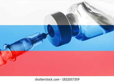 Russia Vaccination, Coronavirus, Russia Flag, Vaccine Vial Dose, Needle Syringe, Concept Vaccination