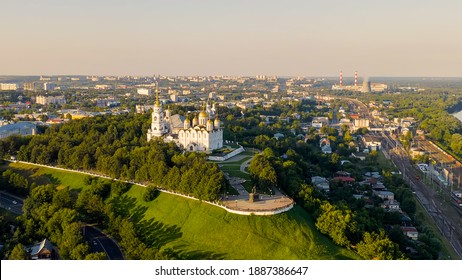 Russia, Vladimir. Dormition Cathedral in Vladimir (Assumption Cathedral) Cathedral of the Vladimir Metropolitanate of the Russian Orthodox Church, Aerial View  