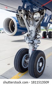 Russia, Vladivostok, 08/17/2020. Chassis And Turbine Engine Of Modern Passenger Airplane Airbus A319 On Runway. Service And Maintenance Of Airplanes. Aviation And Transportation.