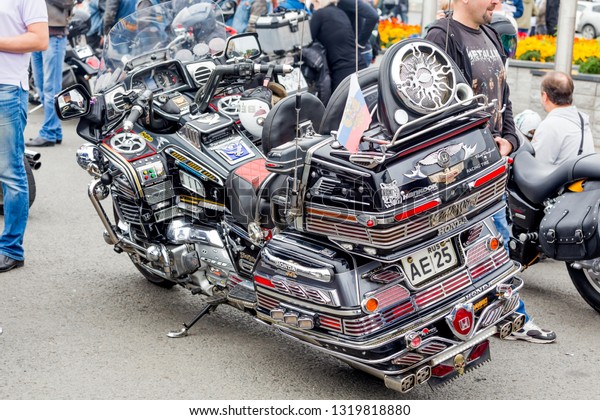 Russia,\
Vladivostok, 10/06/2018. Honda GoldWing 3370 Limited Edition\
motorbike (motorcycle) on bike show in the city downtown. Classic\
bikes, active lifestyle, motorbike as\
hobby.