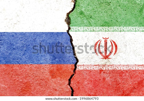Russia vs Iran national flags grunge pattern\
isolated on broken cracked wall background, abstract Russia Iran\
politics relationship friendship divided conflicts concept texture\
wallpaper