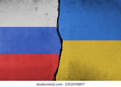 Russia vs Ukraine flags on a wall with crack. Ukraine and Russia relation. Russia Ukraine conflict, war, crisis, economy, relationship, and trade concept.