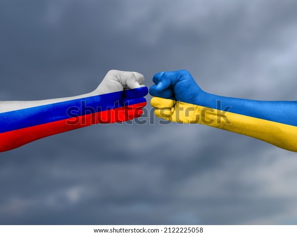 RUSSIA vs UKRAINE war or fight concept background. Diplomatic fight or relations between Ukraine and Russia. Flag of the two countries.