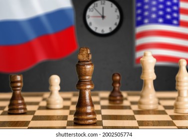 Russia Vs USA, Chess Like Geopolitics Game. Flags Of United States And Russian Federation And Chessboard.