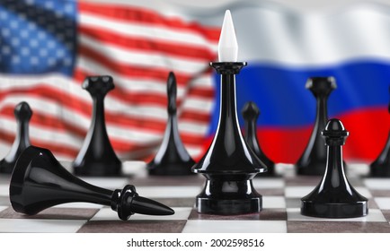 Russia Vs USA, Chess Like Geopolitics Game. Flags Of United States And Russian Federation And Chessboard.