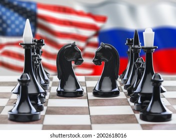 Russia Vs USA, Chess Like Geopolitics Game. Flags Of United States And Russian Federation And Chessboard.