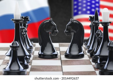 Russia Vs USA, Chess Like Geopolitics Game. Flags Of United States And Russian Federation And Chessboard.