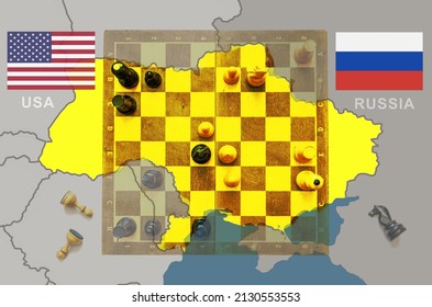 Russia Vs USA In Ukraine, Chess Like Geopolitics Game. Chessboard And Pieces On Ukraine And Europe Map. Concept Of Political Tension, War, Crisis, Conflict, Sanctions, Talks, Meeting And Strategy.