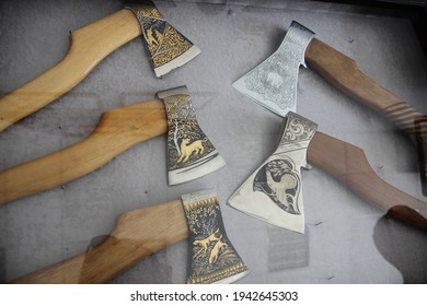 Russia, Zlatoust - September 2020: Zlatoust arms factory-museum of engraving and decorated edged weapons made of steel. Here they prepare broadswords, sabers, checkers, daggers, pikes, cleavers, rapie