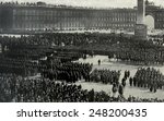 Russian army officers take the oath of allegiance to the October Revolution. 1917. Soldiers gathered in the square of the Winter Palace, many of whom previously supported the Provisional Government.