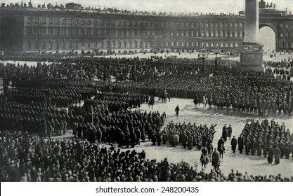 Russian army officers take the oath of allegiance to the October Revolution. 1917. Soldiers gathered in the square of the Winter Palace, many of whom previously supported the Provisional Government. - Shutterstock ID 248200435