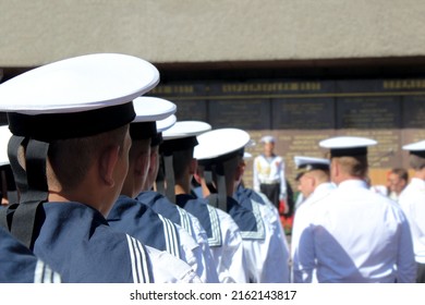 Russian army sailors in white dress uniforms. Back view. Selective focus - Shutterstock ID 2162143817
