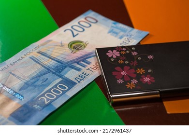 Russian Banknote Of 2000 Rubles And Beautiful Card Case Decorated With Rhinestones And Floral Pattern