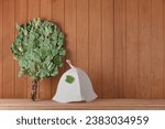 Russian Bathhouse Accessories. Wooden Background. Copy Space. Empty space