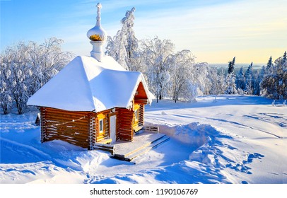 Russian church in winter snow village