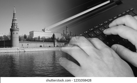 Russian Cyber Attack Or Interference Concept, Hands On Computer Keyboard And Moscow Kremlin.