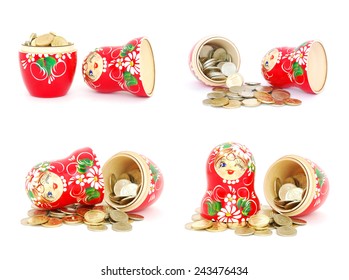 Russian Dolls With Russian Rubles Coins