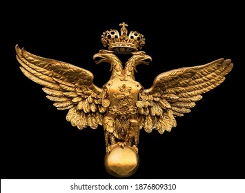 Russian Double Headed Eagle the coat of arms. Russian Empire Emblem isolated in black background