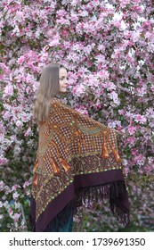 Russian Fashionable Girl In Vintage Pavlovo Posad Shawl. Pink Flowers Of Blossoming Apple-tree, Grade 