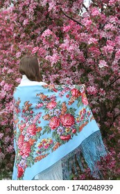 Russian Fashionable Girl In Vintage Pavlovo Posad Shawl. Pink Flowers Of Blossoming Apple-tree, Grade 