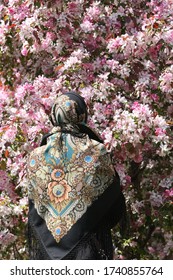 Russian Fashionable Girl In Vintage Pavlovo Posad Shawl. Pink Flowers Of Blossoming Apple-tree, Grade 