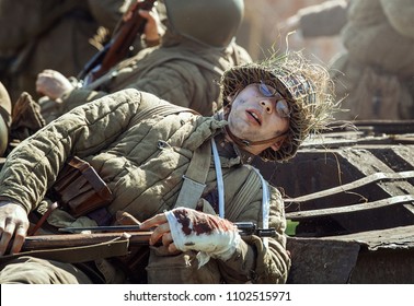 Russian Federation, Novgorod district, Tesovo - 20 May 2018: military historical reenactment "Forgotten feat. Second shock army"