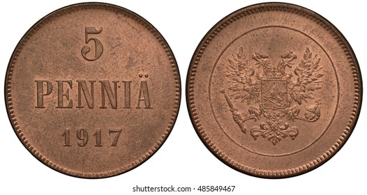 Russian Finland Five Penny 1917, Denomination In Finnish, Revolution Issue, Imperial Eagle Without Crowns Over Heads, Shield With Lion On Breast, Provisional Government,