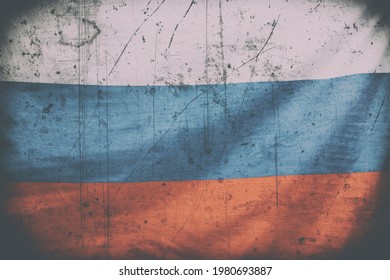 Russian flag. Dirt, scratches, toning. Background.