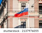 Russian flag at the Russian Embassy building in Riga, Latvia
