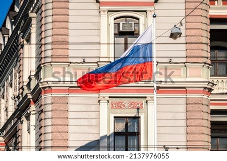 Russian flag at the Russian Embassy building in Riga, Latvia