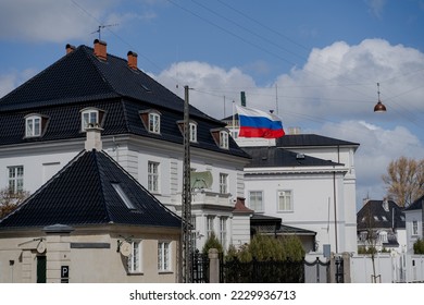 Russian flag. Russian flag and Russian embassy. Copenhagen. Denmark. - Shutterstock ID 2229936713