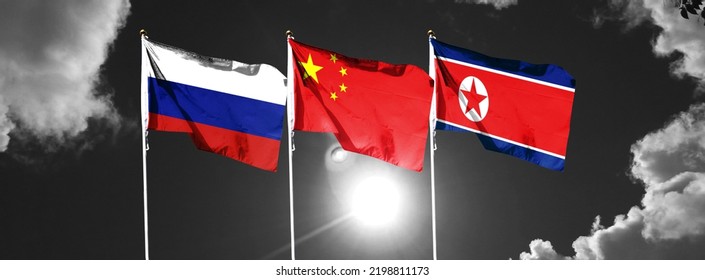 Russian Flag On Cloudy Sky With Chinese Flag And North Korean Flag. Waving In The Sky